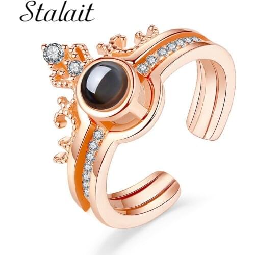 Crown Rings Combination Fashion 100 Languages I Love You Projection Opening Couple Ring Glass Luxuri Design Fashion Ring