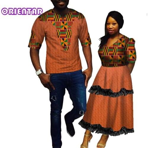 2 Pieces Set African Clothes for Couples African Print Men Shirt Women Maxi Dress for Party Lovers African Clothing WYQ735
