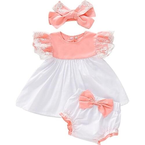 Summer Korean Baby Newborn Girl Kids Lace Dress Tops +Bow PP Shorts +Headband Fashion Baby Girl clothes set suit for 0M-24M