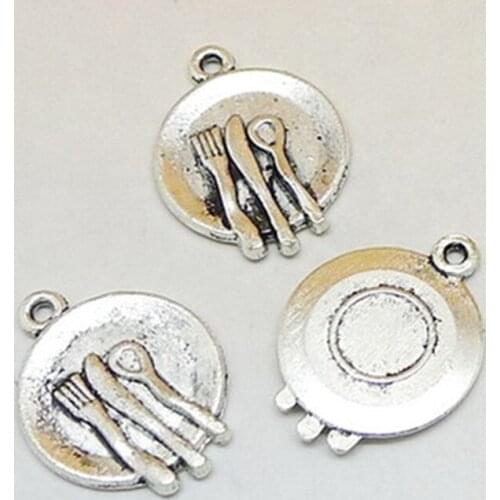 BULK 30 Zinc Alloy Metal Dish Charms with Knife Spoon Fork Antique Silver Plated Pendant 20*15mm 1.2g