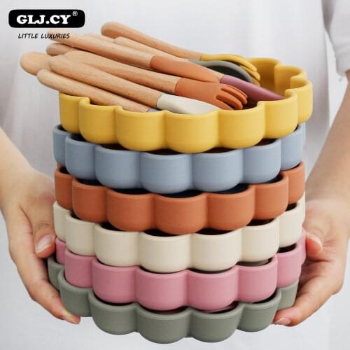 Hot Sale BPA Free Childrens Tableware Oval Lace Cute Food Plates Waterproof Bowl Plates Solid Color Spoon Fork Set Baby Stuff