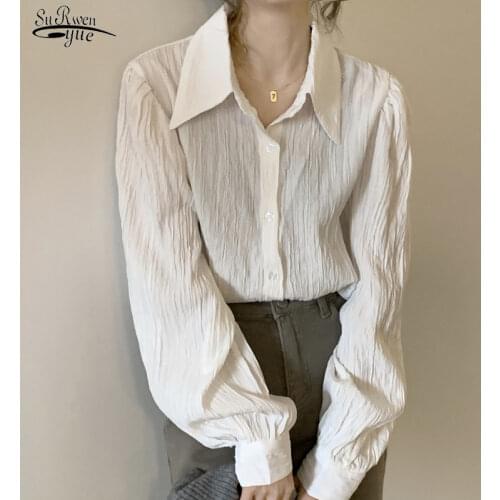 2021 New Spring Autumn Long Sleeve Loose Pleated Blouse Women Casual Solid Cardigan Women Shirts Plus Size Ladies Clothing 12344