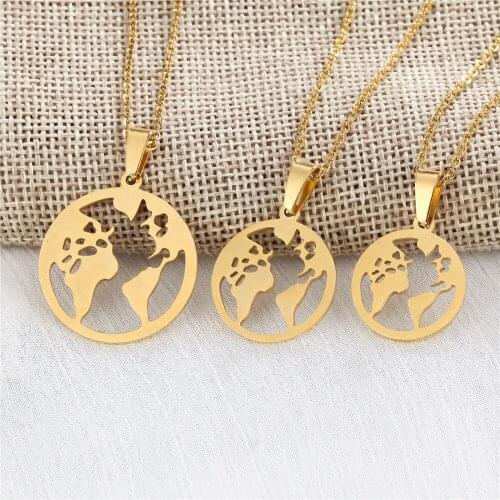 Stainless Steel Globe World Map Necklaces Women Wanderlust Necklace Round Fashion Outdoor Gift