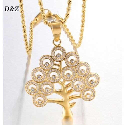 D&Z New Tree Shape Pendant Necklace Stainess Steel With CZ Stones Gold Color Hip Hop Charm Necklace Jewelry Men Women Gift