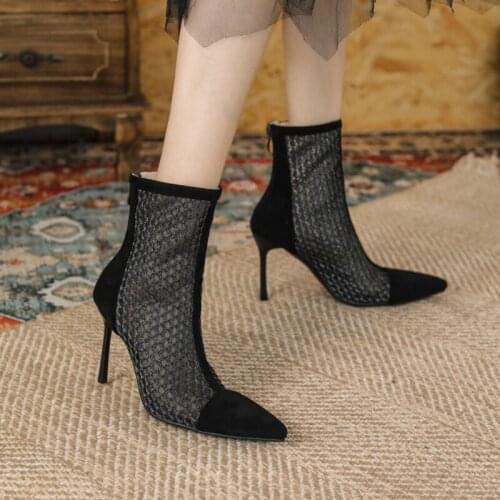 Sexy Suede Mesh 2021 Stiletto Thin High Heel 10CM Ankle Bootie Back Zipper Pointed Toe Shoes Autumn For Dress Party Black