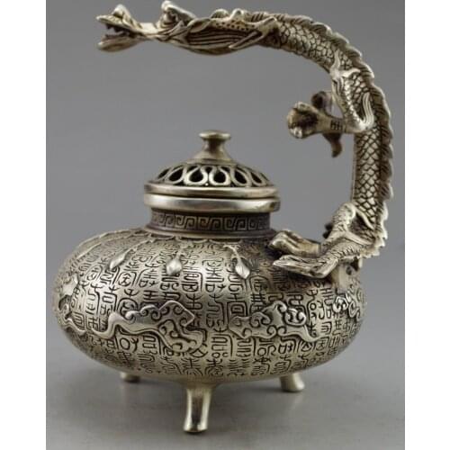 Coated China Silver carvings a auspicious lifelike dragon Wealth statue teapot Garden Decoration 100% real Tibetan Silver Brass