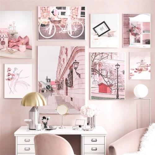 Pink Art Posters Teen Girl Room Decor Canvas Picture Modern Fashion City Landscape Wall Art Frameless Paintings