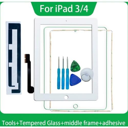 Touch Screen For iPad 3/4 A1416 A1430 A1403 A1458 Digitizer Sensor Glass Panel With Middle Frame+Tools+Tempered Glass+Adhesive