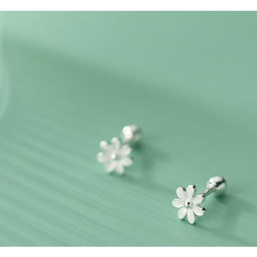 AIFENAO Real 925 Sterling Silver Enamel Flower Earrings for Women Screw Studs Minimalist Fine Jewelry Girl Lady Gift Accessories