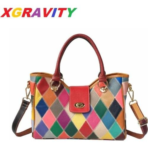 XGRAVITY Luxury Plaid Fashion Ladies Genuine Leather Fashion Bags Colorful Big Capacity Messenger Bags Mix Color Female Handbags