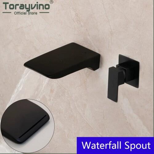Torayvino Matte Black Wall Mounted Bathroom Basin Sink Faucet Waterfall Bathtub Single Handle Solid Brass Hot & Cold Mixer Tap