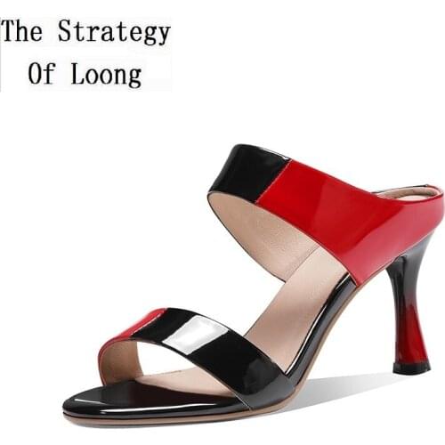 Summer Fashion Bling Simple Women Patent Leather Peep Toe Glass Heels Slippers Ladies Open Toe Square Toe Sandals 20200306