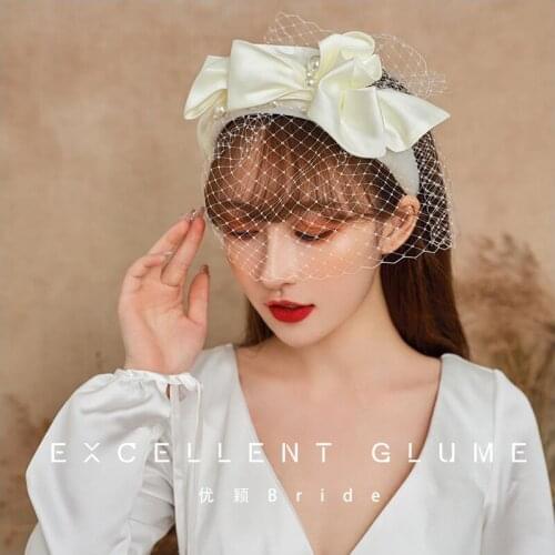 Handmade Pearl Beading Hairbands for Women Big Bow Wide Headband 2020 Wedding BrideParty Church Cocktail Veil Face Headdress