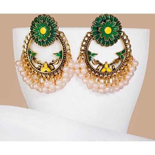 Boho Womens Green Flower Indian Jhumka Earrings Ethnic Retro Pearl Beads Bollywood Oxidized Tibetan Earrings Oorbellen