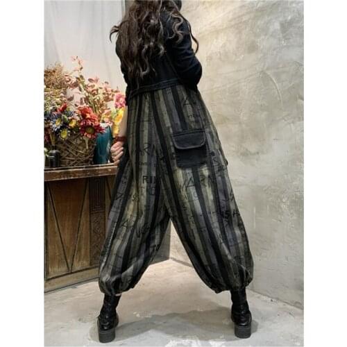 2021Female Autumn Letter Printing Denim Overalls Pants Women Korean Straight Wide-leg Lantern Plus Size Foreign Style RomperA314