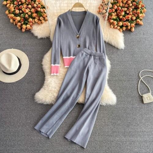 SINGREINY Women Autumn Winter Casual Knitted Set Long Sleeve V Neck Loose Cardigan+High Waist Wide Leg Long Pants Two Piece Suit