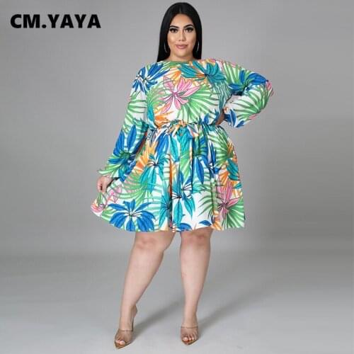 CM.YAYA Women Plus Size Dress Print Full Sleeve Loose Empire Dresses with Bandage Sashes Casual Outfits Vestidos Summer 2021