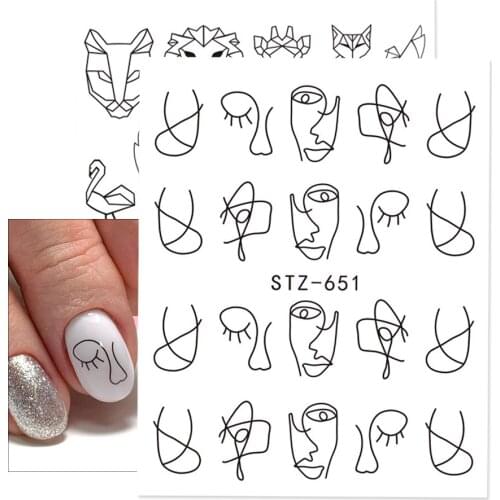 1pcs Black Nail Decals Water Nail Stickers Abstract Face Animals Design Nail Art Slider Wraps Decorations Sticker