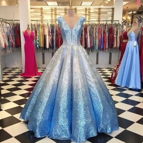 Ombre Prom Dresses 2019 Ball Gown V Neck Cap Sleeves Quinceanera Draped Skirt Backless Formal Party Event Gowns Cinderella Blue