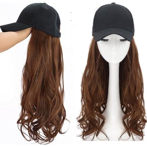 ZM Hair Baseball Hat with Synthetic Hair Wig Black Brown Color Long Wavy hair Extension with Baseball Cap Black Hat