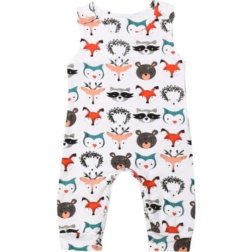 Newborn Toddler Baby Boy Girl Lovely Romper Cartoon Animal Print Sleeveless Jumpsuits 0-24M