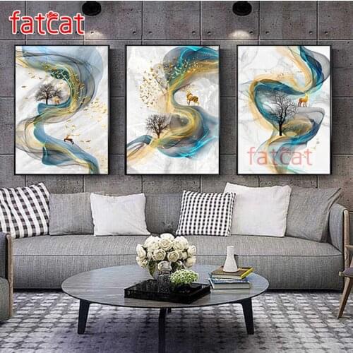 FATCAT Abstract Line Golden Deer diy 5d diamond painting full square round mosaic embroidery triptych kits Home decor AE2878