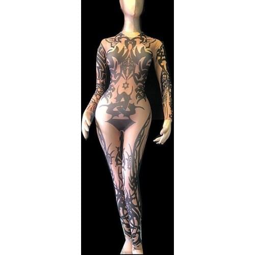 Black Printed Long Sleeves Jumpsuit Women Nightclub Bar Female Singer Show Jumpsuit Female Dance Wear Prom Party Birthday Outfit