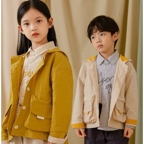 2021 Spring New Kids Jackets Solid Buttons Hooded Casual Jackets For Boys Girls 2-8 Y Children Korean Style Coats Baby Outwear