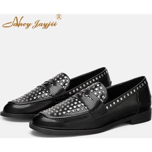 Vegan Leather Loafers Rivets Boat Flats Black Punk New Arrival Shoes Female Slip On Round Toe lady Footwear Big Size 15 16 2019