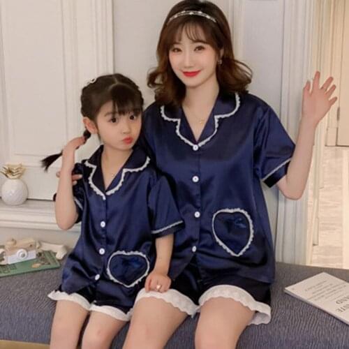 Doll Collar Cartoon Print Family Pajamas Set Summer Short Sleeve Mother Daughter Sleepwear Family Matching Outfits Nightwear