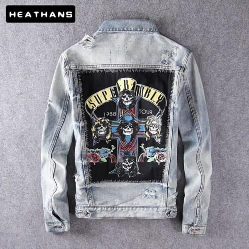 Harajuku Casual Mens Jean Jacket Rocker Washed Destroy Fades Vintage Indigo Blue Male Denim Jacket Rock Sweatshirt Streetwear