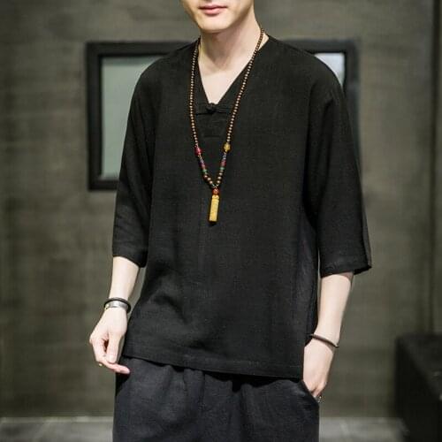 Mens 2021 Spring Summer Chinese Style Short-sleeved T-shirt Chinese Hanfu Loose Large Size V-neck Three-quarter Sleeve Tops