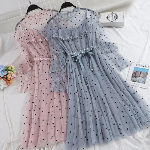 2020 New Spring Women Dot Sleeve Dresses Summer Two Piece Slim Mesh Dress Long Sexy Dress Clothing Vestidos BC168