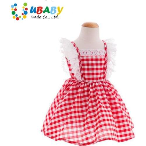 2020 Summer New Korean Children Clothing Girls Lace Fly Sleeve Gingham Dress Sweet Baby Fashion Kids Clothes
