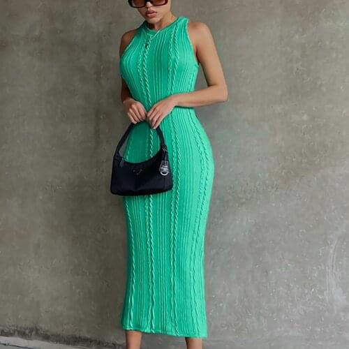 Solid Knitted Dresses Women Summer Midi Bodycon Bandage Dress Sleeveless Elegant Party Outfits One Pieces Green Dresses 2021