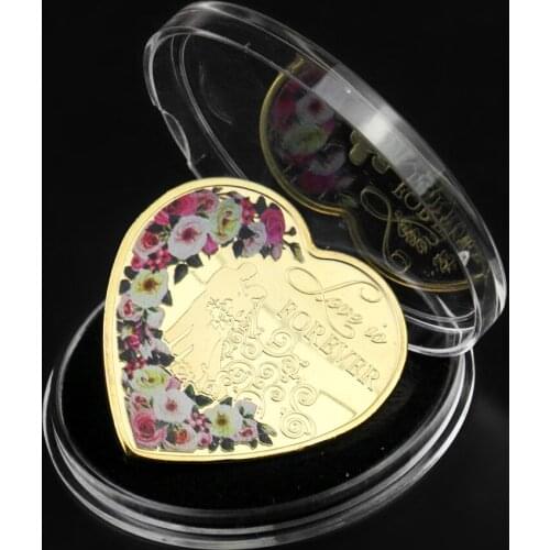 Heart Shape Rose Lover Commemorative Coin Art Collection Wedding Plated Gold Coin Valentines Day Couple Forever Souvenir Gift