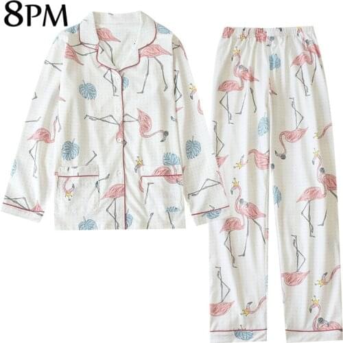 Women 100% Cotton Pajamas Sets Long-Sleeved Trousers Ladies Pajamas Suit Flamingo Print Style Lovely Home Wear ouc534