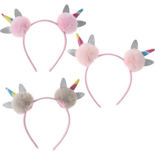 Kids Girls Cute Unicorns Headbands Animal Horn Ear Plush Ball Sparkling Headband for Kids Cosplay Halloween Hair Accessories