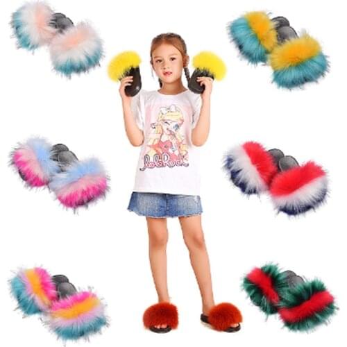Baby Slippers Girls Faux Fox Fur Slippers Flat Slippers Summer Fashion Color Matching Fur Shoes Fluffy Slippers Baby Kids Shoes