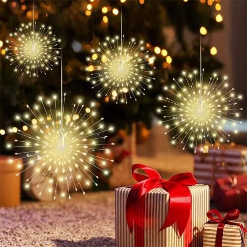 LED Hanging Fireworks Light Silver Wire Starburst String Light Battery Operated Christmas Fairy Garland For Home Cafe Shop Decor
