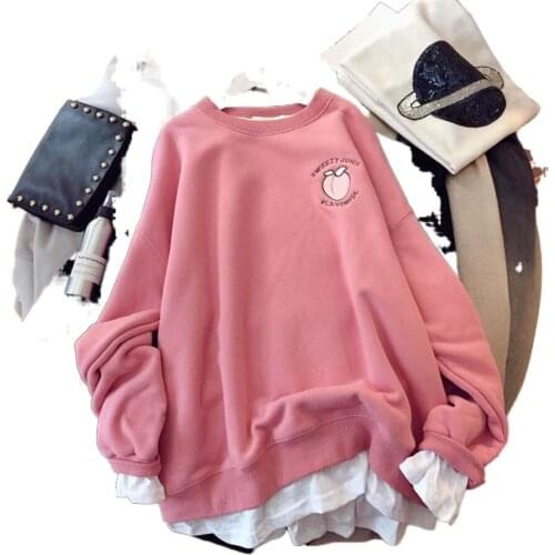 Loose Pullover EA Y2K Pink Peach Embroidery Sweatshirrt Fake Two Women Kawaii Clothes Autumn Warm Oversized Girls Streetwear