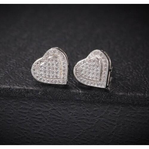 1Pair S925 Sterling Silver Hip Hop Micro Paved Cubic Zirconia Bling Ice Out Heart Stud Earrings for Women Men Unisex Jewelry