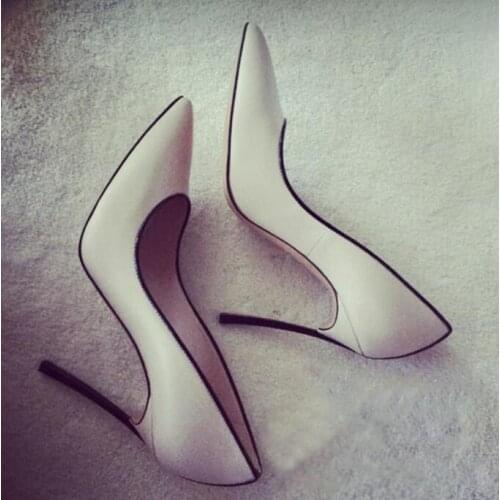 Moraima Snc Sexy Pointed Toe High Heel Shoes Woman Beige Leather Shallow Stiletto Heels Fashion Dress Shoes Black