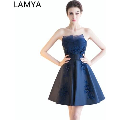 LAMYA Vintage Evening Party Dress Knee Lenght Bule Satin Prom Dresses Short Lace A Line Special Occasion Gowns vestido de festa