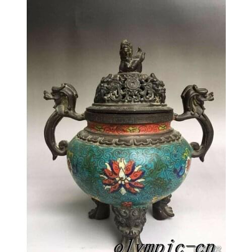 10''bronze gold cloisonne enamel Flower Figure dragon lion incense burner statue