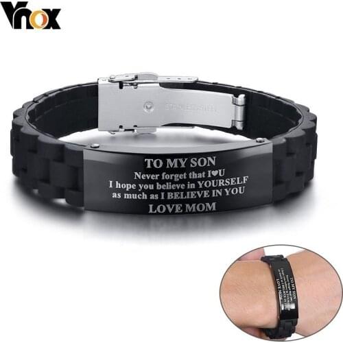 Vnox To My Son Courage Is Not The Absence Love Mom DAD Bracelets for Men Male Boy Stainless Steel Silicone Sports pulseira