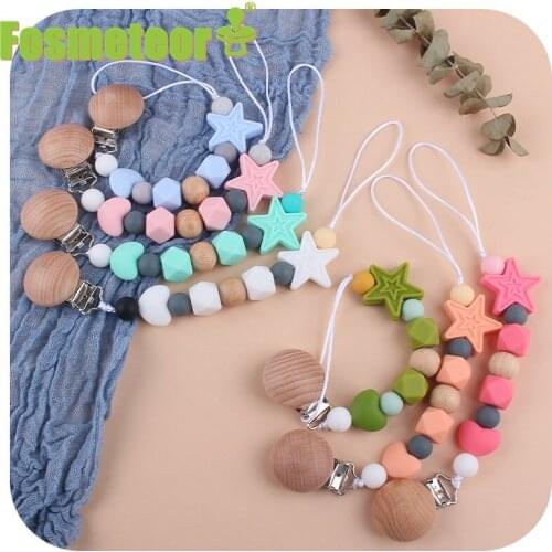 Fosmeteor 3pcs Baby Five-pointed Star Pacifier Chain Wooden Clip Food Grade Chew Silicone Beads Infant Pacifier Chain Clip