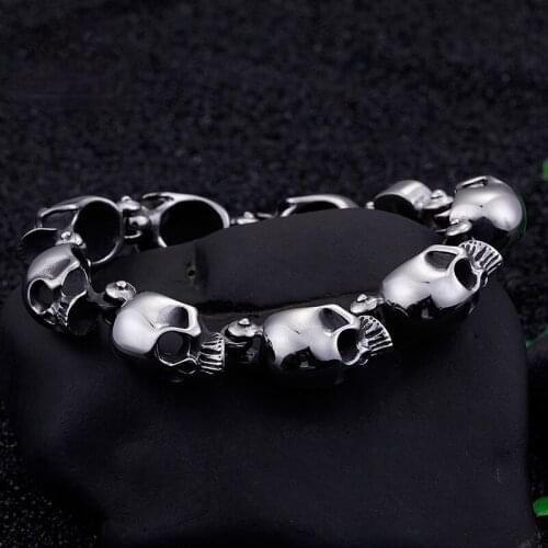Jewels Store Punk Stainless Steel Lots Of Skull Charm Bracelet For Men 20.5cm Metal Biker Bangle Jewelry Gothic JS76273-BD
