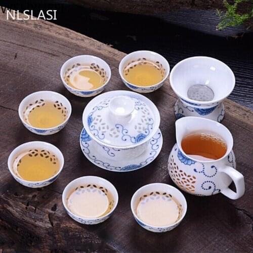 Blue and white porcelain exquisite tea set ceramic teapot kettle cup porcelain Chinese honeycomb hollow ceramic tea set