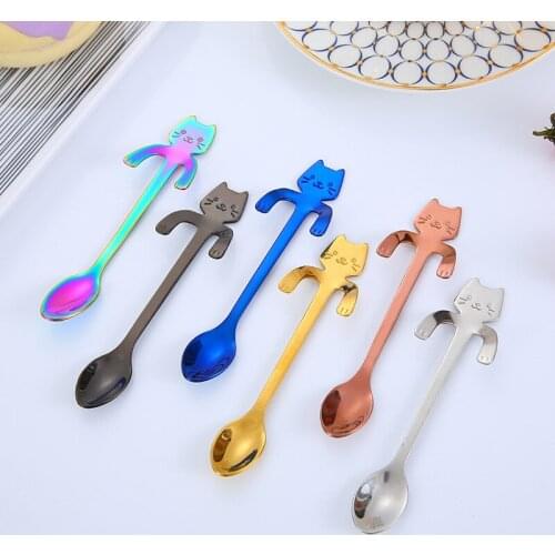 Cat Spoon Creative 304 Stainless Steel Cartoon Stirring Hanging Coffee Spoon Churn Mug Cup Hangable Kitchen Home Small Mix Spoon